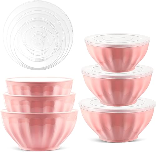 Ziliny Juego de 6 tazones rosados con tapas, aptos para microondas, cuencos de plástico para mezclar con tapas, para cocina, alimentos, hornear,