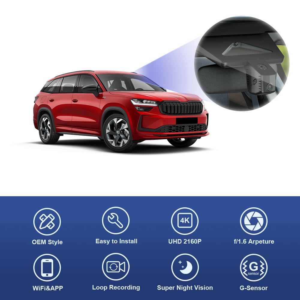 Fitcamx Dashcam 4K Adecuado para 2024 2025 Skoda Kodiaq 2 (HD2-D2100), OEM Cámara para Coche, 2160P UHD Video WiFi, G-Sensor, Grabación en Bucle, WDR, Plug & Play, Visión Nocturna, Tarjeta de 64GB