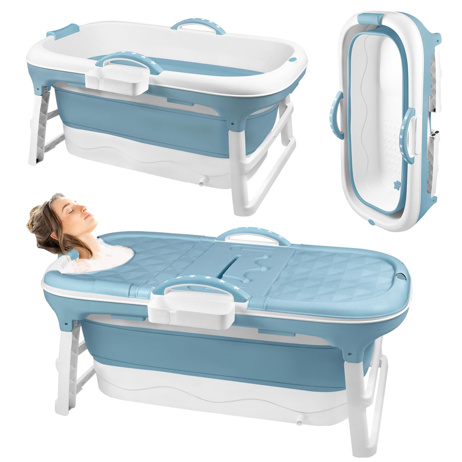 Bañera Plegable para Adultos, Bañeras Plegables Móvil con Rodillos de Masaje y Cubierta Extraíble, Bathtub Plegable Portátil para Baños Pequeños, Cesta de Jabón, Termómetro, Balcón, Azul, 118x62x52cm