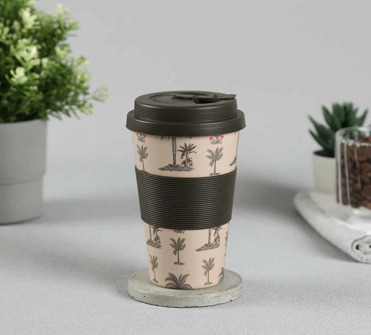 Chevron Palms Bamboo Fiber Travel Mug with Silicone Lid & Sleeve for Drinking Tea, Coffee, Juice etc | Office, Home and Car use | 450 mL Multicolor (Pack of 1)