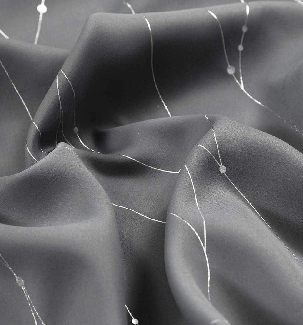 Tektrum Thermal Insulated Blackout Room Darkening Curtains with Grommet Top, Silver Foil Print Wave Lines with Dots Drapes for Living Room Bedroom Light Blocking, 52W x 63L Inch, 2 Panels, Grey