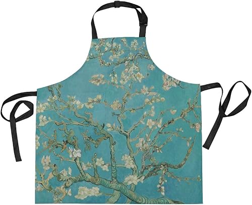 WIHVE Delantal de moda Van Gogh Ramas de almendro en flor Delantal ajustable con bolsillos y lazos extralargos, lavable a máquina, 27.5 x 29