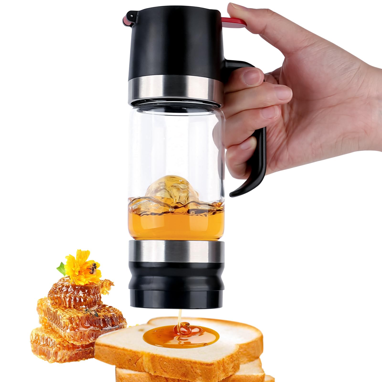 bssmmai Honey Dispenser, Drip-Free Glass with Handle, 9 oz Honey Glass, Honey Jars, Syrup Dispenser 300 ml Glass, Honey Dispenser, Honey Dispenser, Squeeze Bottle (Black)