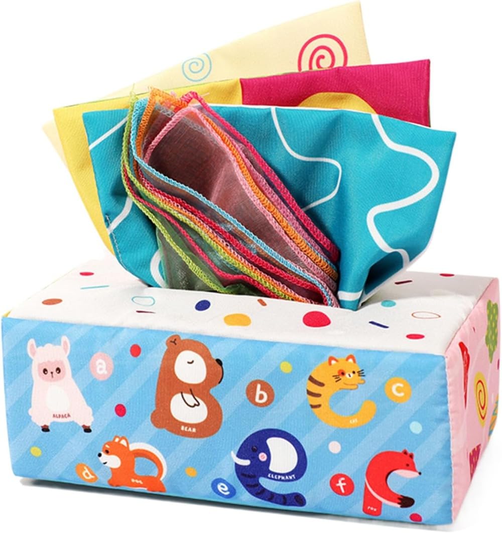 SIzlaho家庭用おもちゃティッシュボックス布ソフトティッシュゲーム指ゲームモンテッソーリ子供のおもちゃつかむ、引っ張る、つまむ、置く知育玩具子供の誕生日プレゼント (18*10*9cm,ダークブルー)