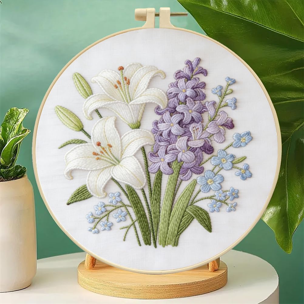 Meecaa Embroidery Kit Starter Set, Lily Flower Hand Embroidery Set, Pattern Printed Cross Stitch Set for Beginner Adults, with Embroidery Hoop and Instructions (Lily)