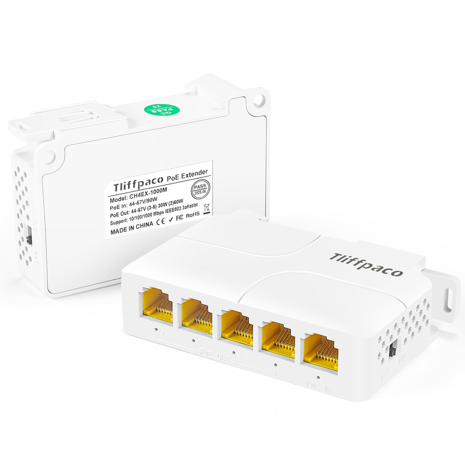 Gigabit PoE Extender/Switch, 5-Port PoE Splitter Repeater, 90W Input with 30-60W Output, 1000Mbps, IEEE 802.3af/at/bt for IP/PTZ C