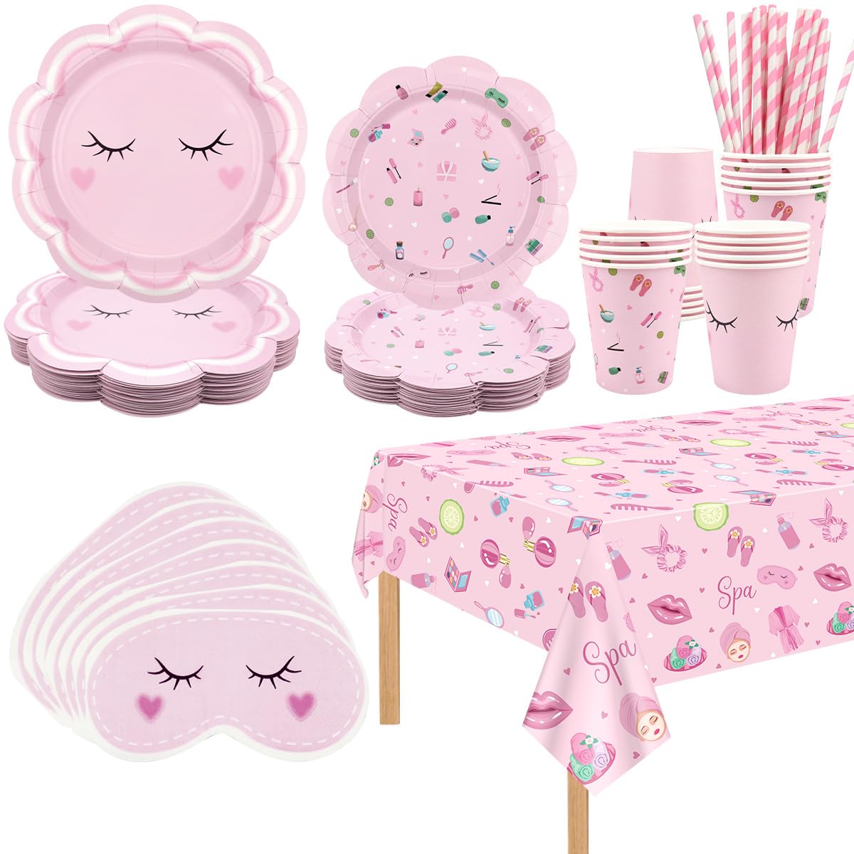 FuenteOrilla Spa Party Decorations for Girls &Women Include Plates, Napkins, Cups, Tablecloth, Straw for Spa Sleepover Slumber Pajama Makeup Party Supplies