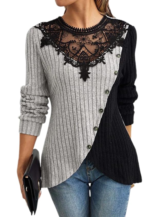 Womens Black Color Block Pullover Sweater with Lace Trim Y Neck Asymmetric Decor Buttons Fashion Knit Top 3