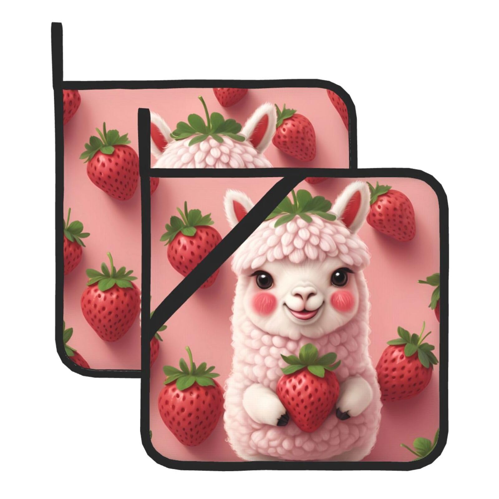 HJFCZH Strawberry Alpaca Printed Square Insulated Pot Mat Set (2-Piece) 8x8in Waterproof, Thickened & Easy to Clean with Lanyard Design for Kitchen, Oven & BBQ