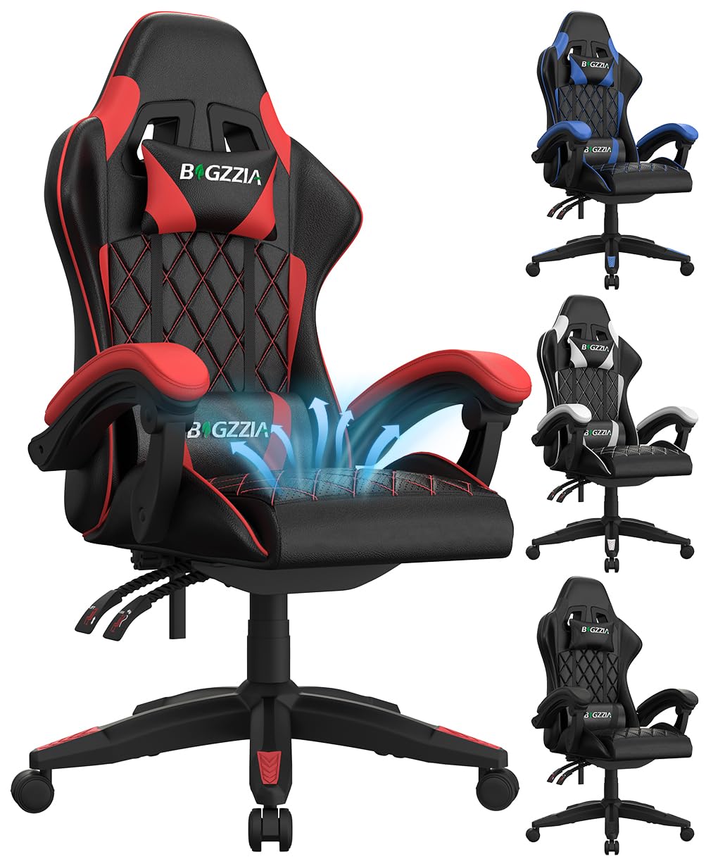 bigzzia Gaming Chair, Ergonomic Gaming Chair with Ventilated Cushion, Gaming Chairs Tilt Adjustment 90°-135°, with Head Rest and Lumbar Support for Gaming, Study and Office (Red)