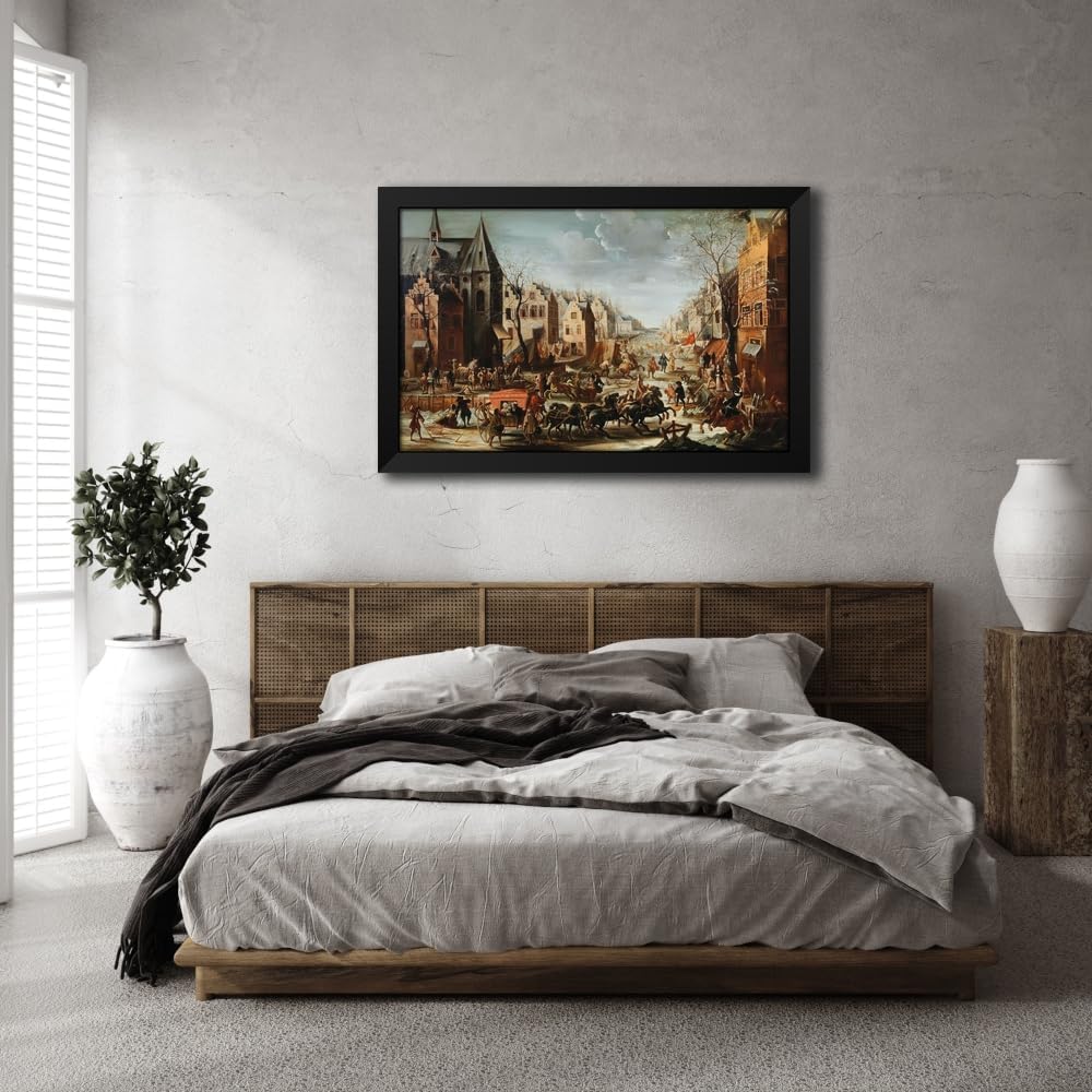 ArtDirect A townscape in winter with carriages Custom Framed Art Print Giclee Print or Canvas Options with Various Sizes and Customization by Jan Carel van Eyck