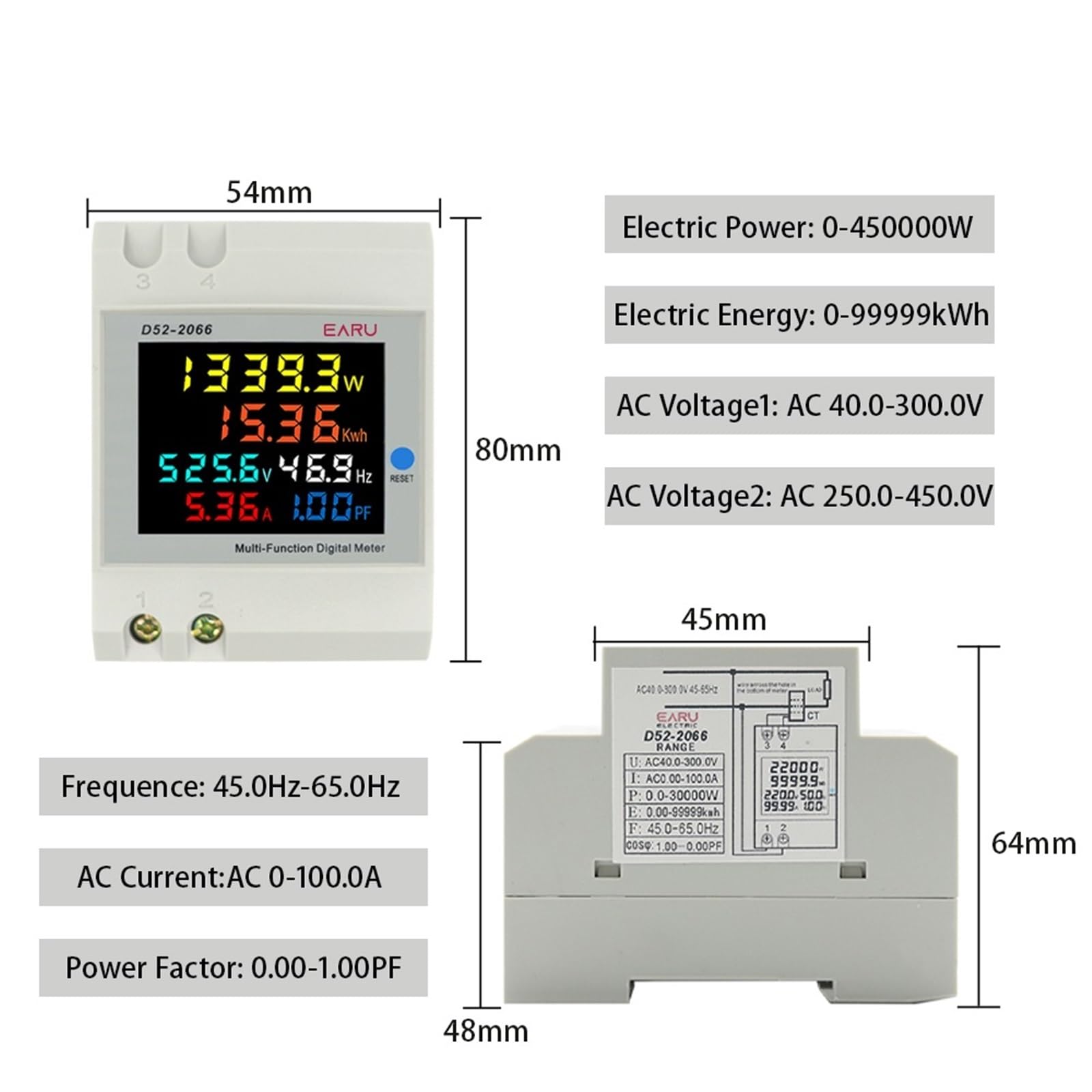 6IN1 Din Rail AC Monitor 110V 220V 380V 100A Voltage Current Power Factor Active KWH Electric Energy Frequency Meter D52-2066(Built-in CT,AC 250-450V)