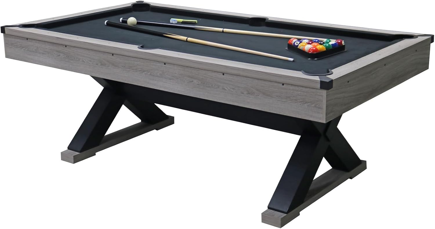 84" pool table, 7 ft billiard tables with 2 cue sticks, billiard balls, cues, cleaning brush,stable legs,modern billiards table,black cloth, rustic grey,84.1" l x 46.5" w x 32" h