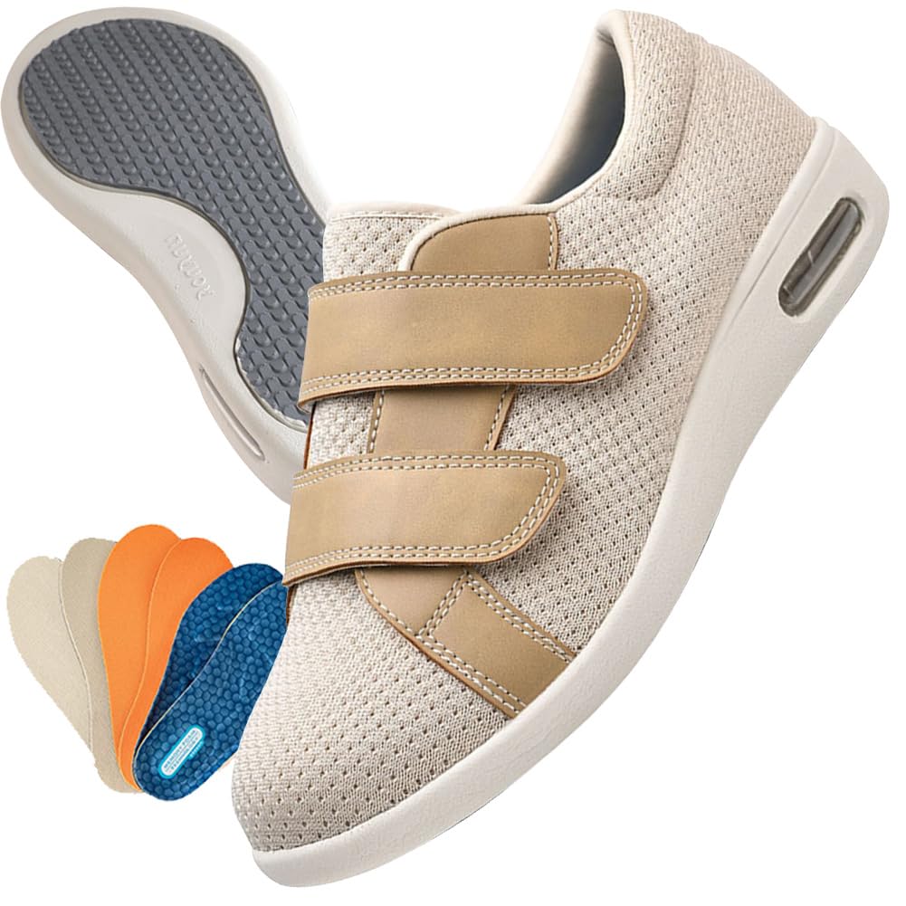 Aocase Diabetic Shoes for Men with Swollen Feet Extra Wide Width Easy On & Off Walking Sneakers with Air Cushion & Breathable Mesh, Support for Elderly Men, Edema, Plantar Fasciitis,Beige,47 EU