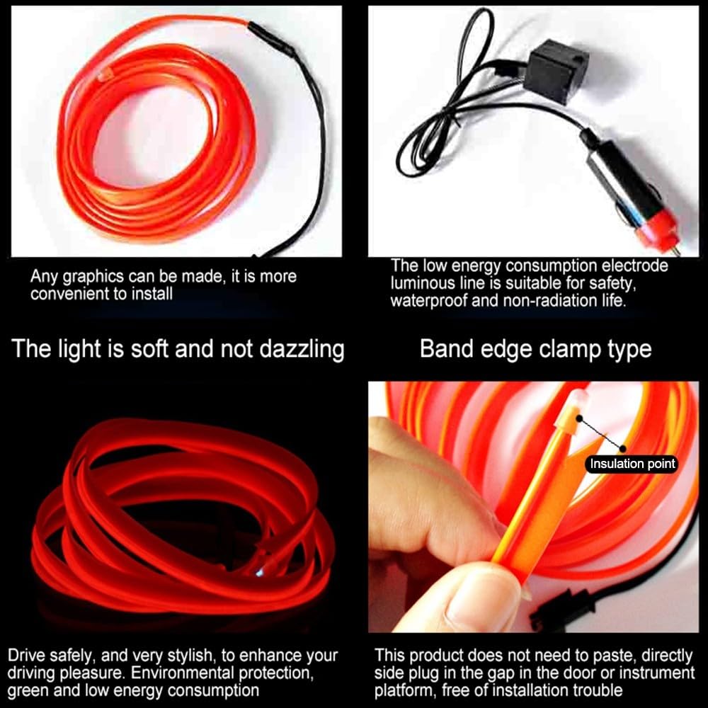 MiOYOOW El Wires - Filo di luce 5 m/16 ft, DC 12 V, striscia al neon luminosa impermeabile per interni auto, illuminazione interna a LED flessibile per decorazioni auto