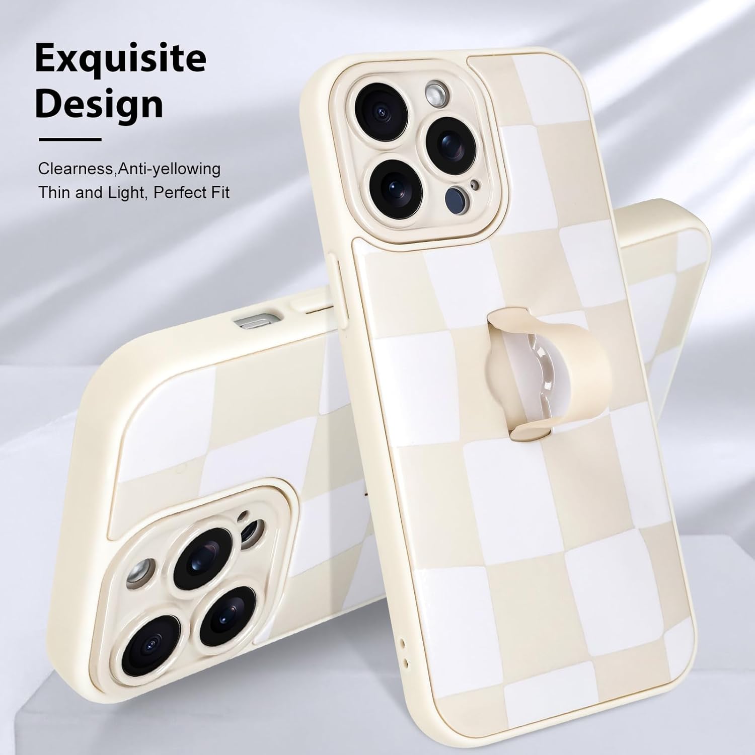 KANGHAR Compatible with iPhone 14 Pro Max Case, Silicone Checkered Cute Pattern, Wristband Kickstand Camera Protection Soft Slim Cover for Girls Women -White - Image 3