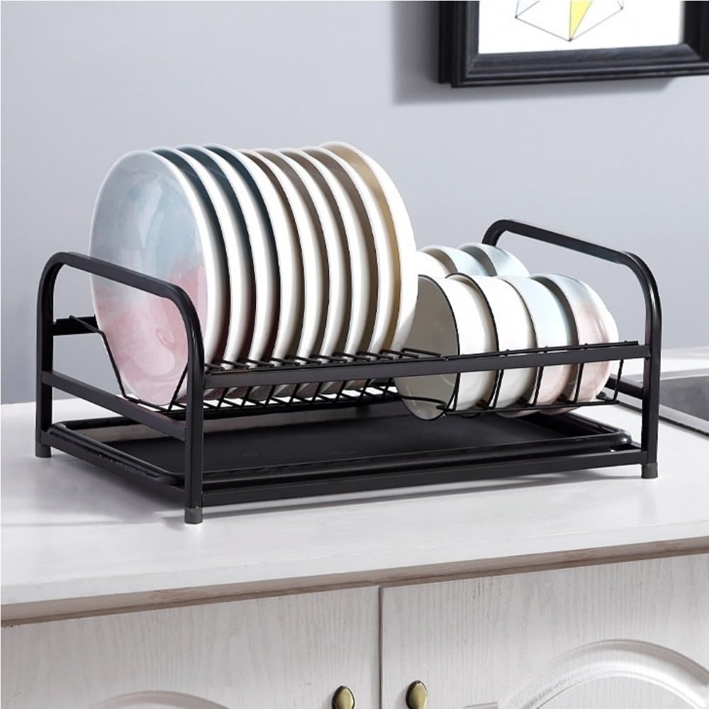 Goxyffmnv Dish Rack, Metal Drain Rack, Kitchen Shelves, Cutlery Rack with Removable Drain Tray, Countertop Organizer for Kitchen, Dining Room, Apartment(Black)