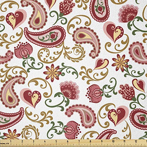 Image of Ambesonne Paisley Fabric by The Yard, Style Rose and Swirled Floret Buds Bohemian Lady Feminine Art Print, Stretch Knit Fabric for Clothing Sewing and Arts Crafts, 2 Yards, Red and Pale Pink