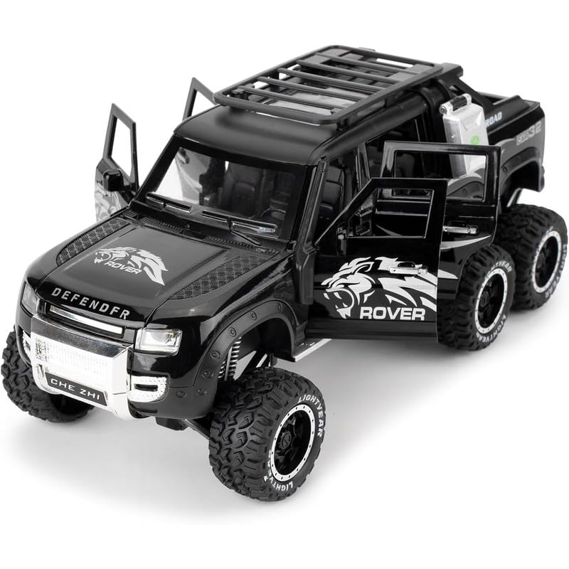 Image of Kids Model 1:24 6 Wheel Defender Die Cast Metal Car Pull Back Action Opening Doors with Realistic Engine Sound Lights Toy Car Gift for Boys - Black