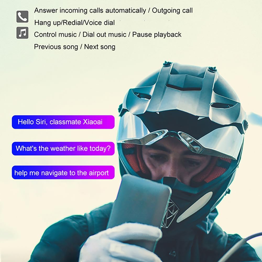 A person in a helmet interacting with a smartphone, showing voice assistant commands.