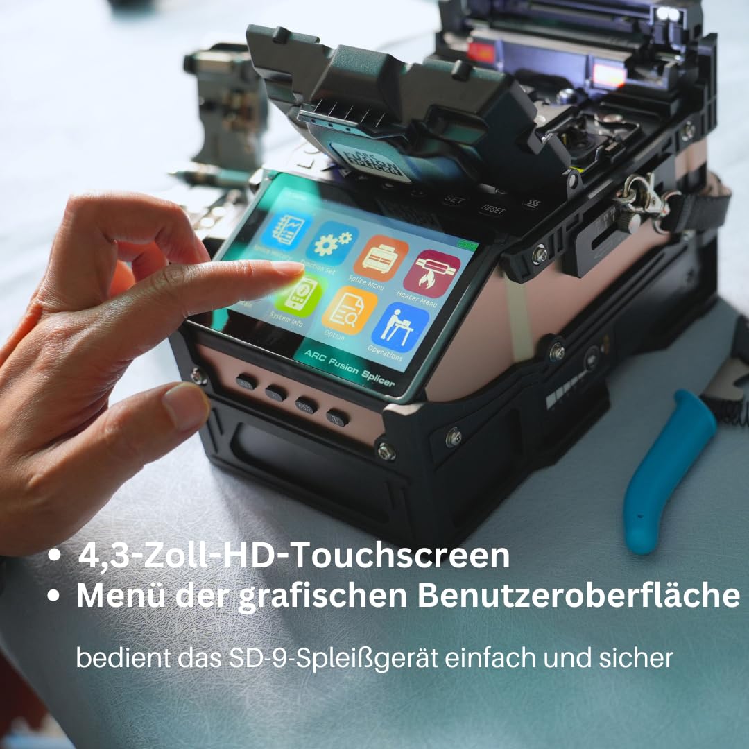 SD-9 Glasfaser Spleißgerät mit OPM und VFL Erstaunlich 5-Sekunden-Spleißen und 11-Sekunden-Heizung, Fusion Splicer LWL Spleißgerät Kit Kernausrichtung 6 Motoren mit 7200-mAh-Akku
