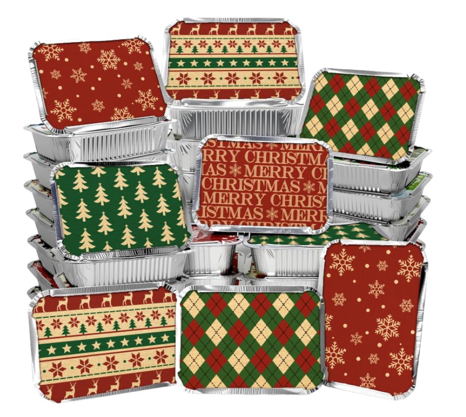 AnyDesign 50Pcs Christmas Foil Containers with Lid Covers Vintage Red Green Plaid Snowflake Xmas Tree Disposable Aluminum Cookie Tin Pan for Baking Cooking Heating Storing Prepping Food