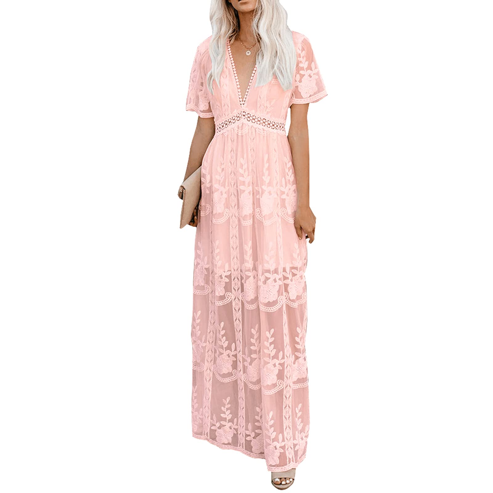 Amropi Robe De Soirée Femme Floral Dentelle - Manches Courtes Col V Longue Robe Bohème