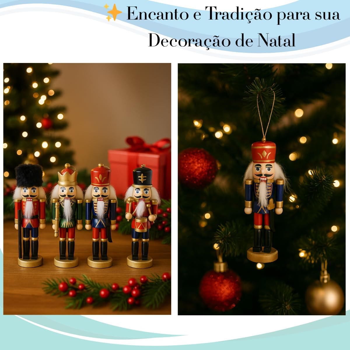 Kit 4 Soldadinhos Quebra-Nozes Madeira Decorativa Enfeite de Natal Clássico Coloridos Pintados à Mão Kit 4 Soldadinhos Quebra-Nozes Madeira Decorativa Enfeite de Natal Clássico Coloridos Pintados à Mão