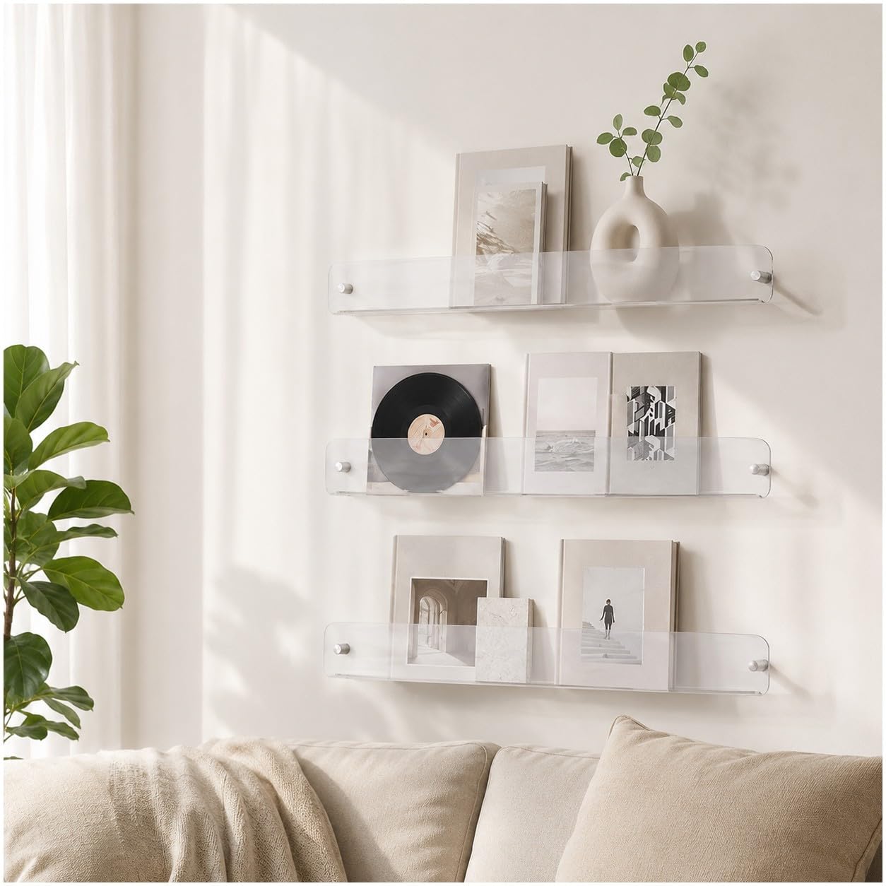 Bananaww Acrylic Wall Bookshelf, Clear Floating Display Shelves, Wall Mounted Picture Ledge for Children’s Books, Magazines, Vinyl Records, Photos and Home Décor