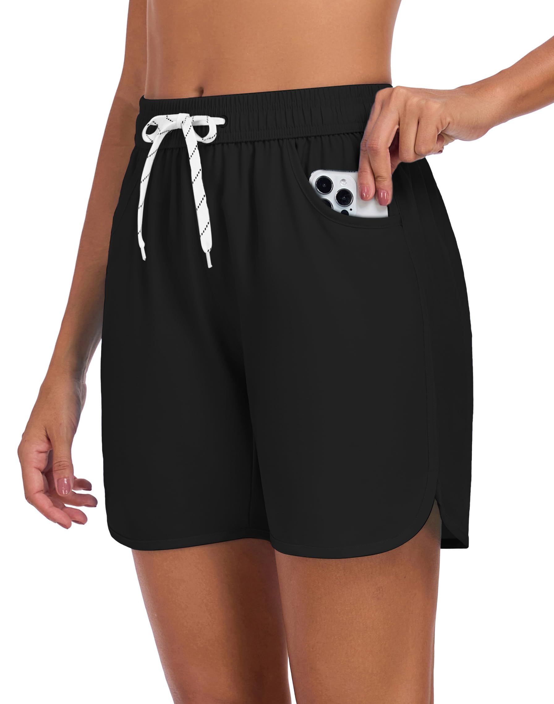 6" Wasserabweisende Schnelltrocknende Badehose Damen Bikinihose Ohne Netz - High Waist Bauchweg Badeshorts mit 2 Taschen, Ohne Innenslip