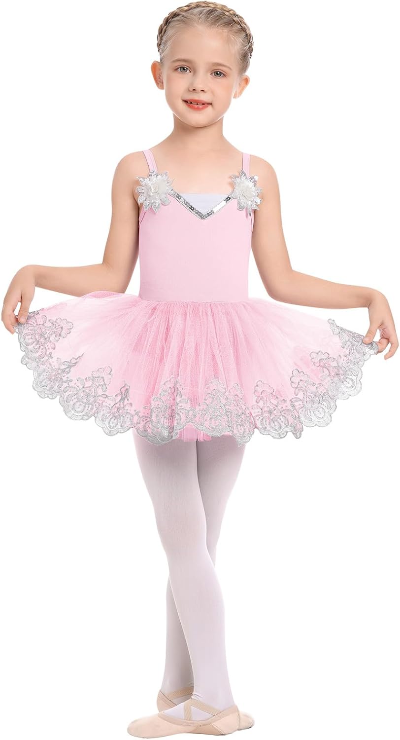 AFAVOM Ballet Leotards for Girls Toddler Sequin Flower Camisole Ballet Dance Dress Tulle Tutu Skirt Leotard Ballerina Costume