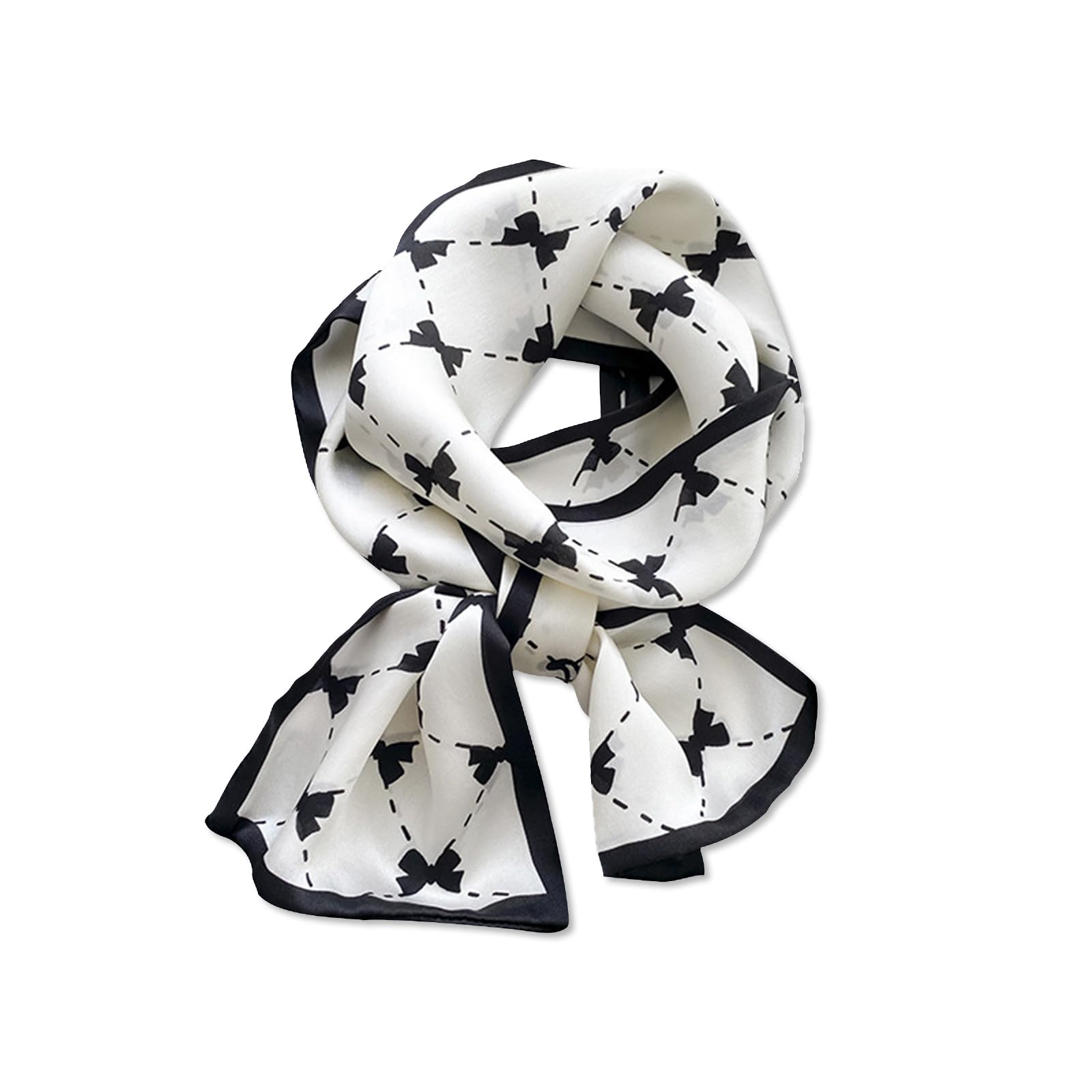 Lumisyne Women's Black White Bow Skinny Silk Scarf Narrow Long Neckerchief Geometric Pattern Classic Retro Style Lightweight Scarves Decorative Neck Scarf Headdress Hairband Bandanas