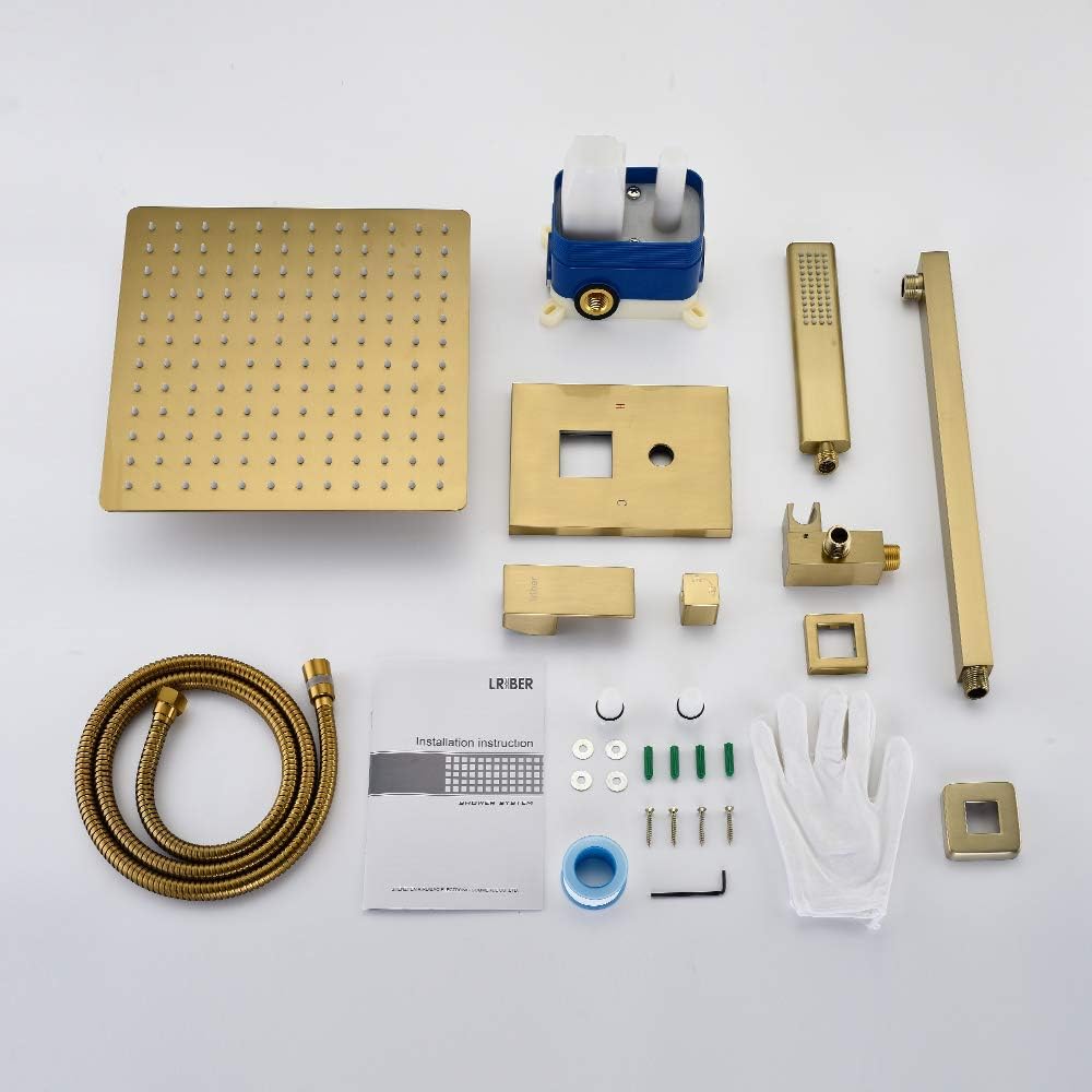 Iriber Brushed Gold Rain Shower System with 10 Inch Shower Head and Handheld Bathroom Wall Mounted Shower Set Contain Shower Faucet Mixer and Trim Kit (Valve Included)