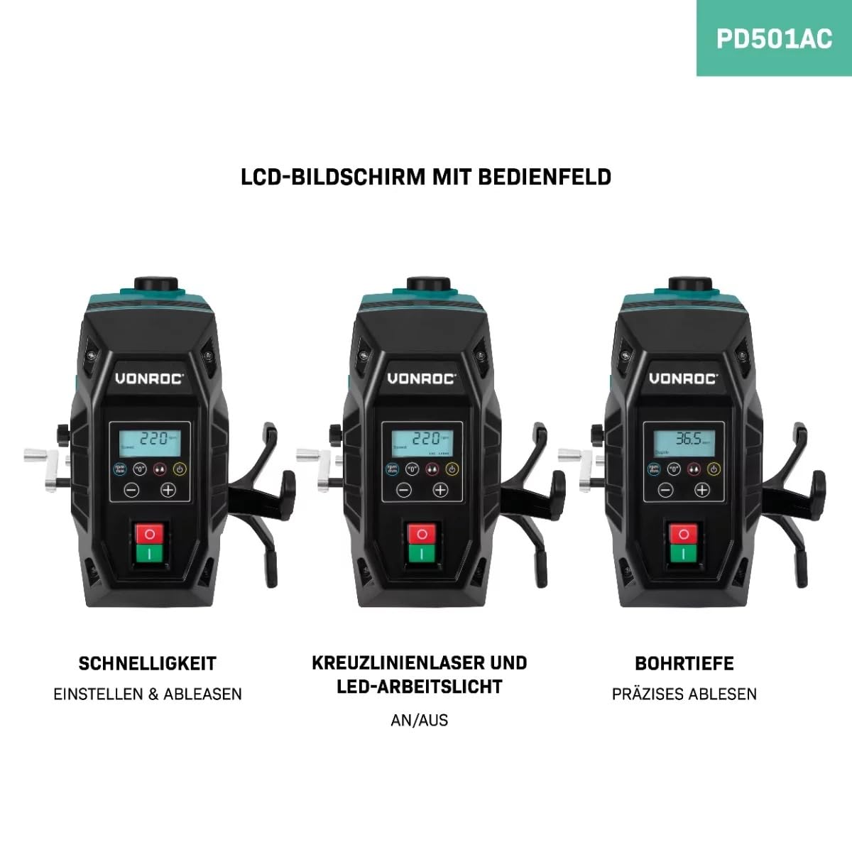 VONROC Standbohrmaschine 900W – Tischbohrmaschine – Ständerbohrmaschine - Digitales Bedienfeld mit LCD – Holz 40mm/Stahl 13mm – Kreuzlinienlaser und LED-Licht – Inkl. Zubehör