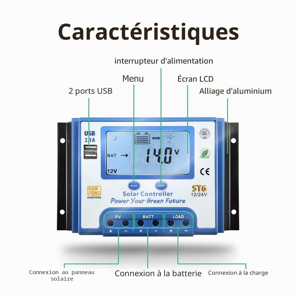 SolaMr 10A Régulateur de Charge Solaire 12V/24V Contrôleur de Charge Solaire avec Écran LCD et Double Port USB pour Batterie de Panneaux Solaires - ST6-10A