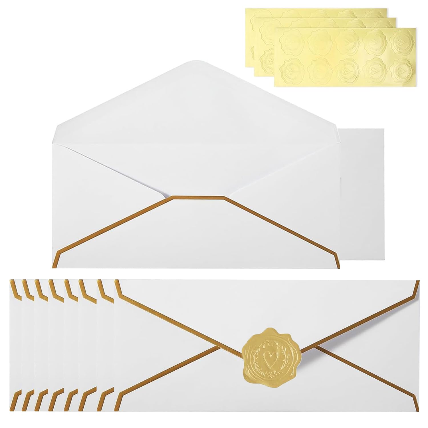 Business Envelopes with V-Flap Gold Border, 30 Pack Invitation Business Mailing Envelopes with Gold Stickers for Invoices, Checks, Letter Mailing (White)