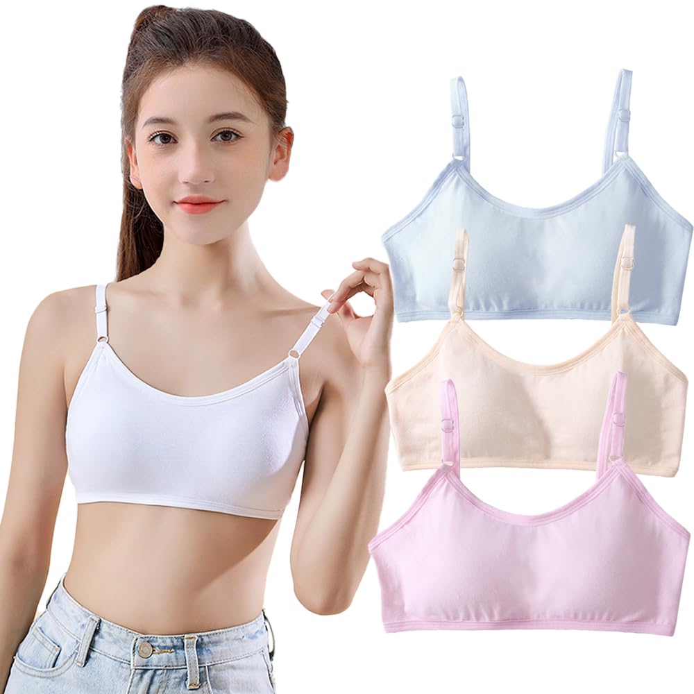 Teenagers Girl Bra Cotton Soft Breathable Starter Sports Underwear Training Vest Tops Underwear for 10-16 Years Young Girls - Pack 3