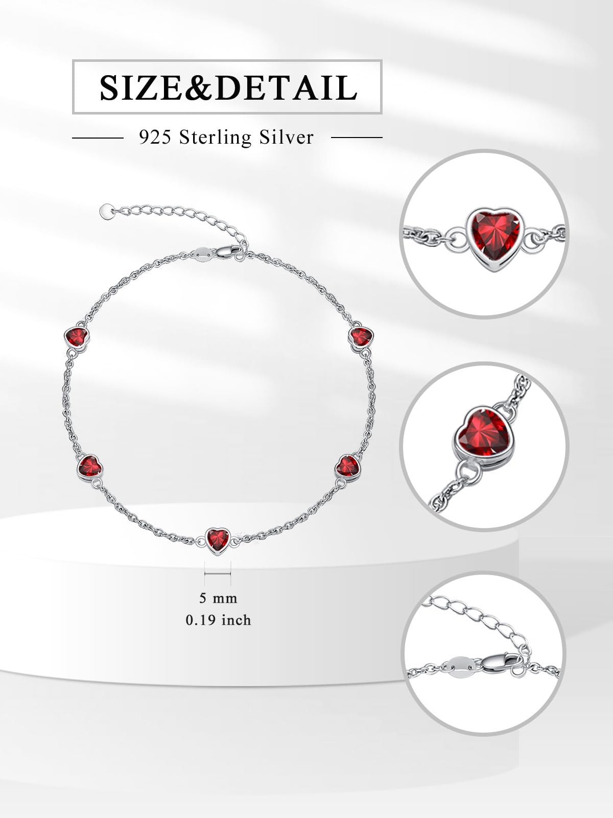 Dorunmo Herz-Geburtsstein-Armband und Fußkettchen verstellbar für Frauen aus 925er Sterlingsilber mit Zirkonia Valentinstag, Muttertag, Geburtstage, Weihnachten für Frauen, Freundinnen, Mütter