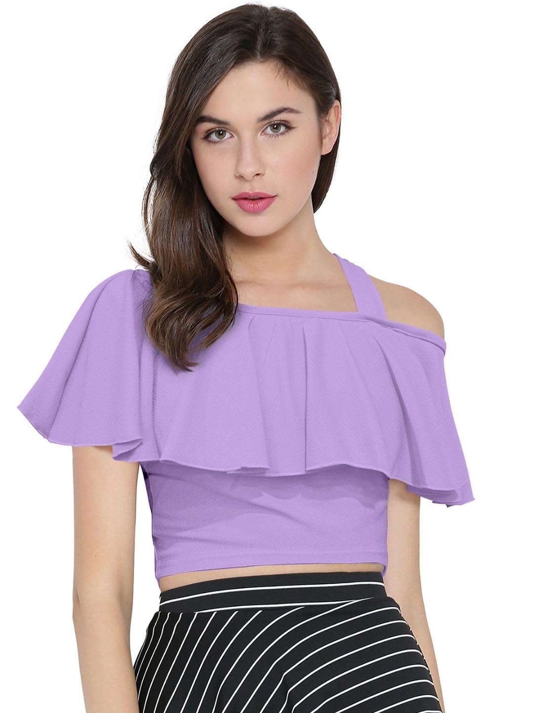 deltin hub Women's One Shoulder Ruffle Crop Top | Cotton Blend Stylish Off Shoulder Top for Girls & Women | Trendy Slim Fit Casual Wear Crop Top-picture-31
