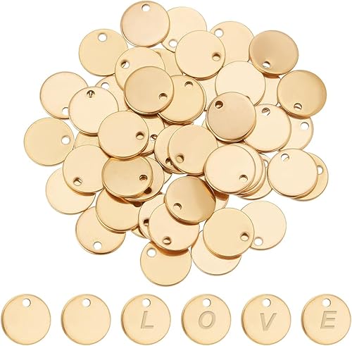 Miniatura 1 de PH PandaHall 50 colgantes de acero inoxidable 304 planos, redondos, en blanco, para pulseras, collares, joyas, manualidades, color dorado