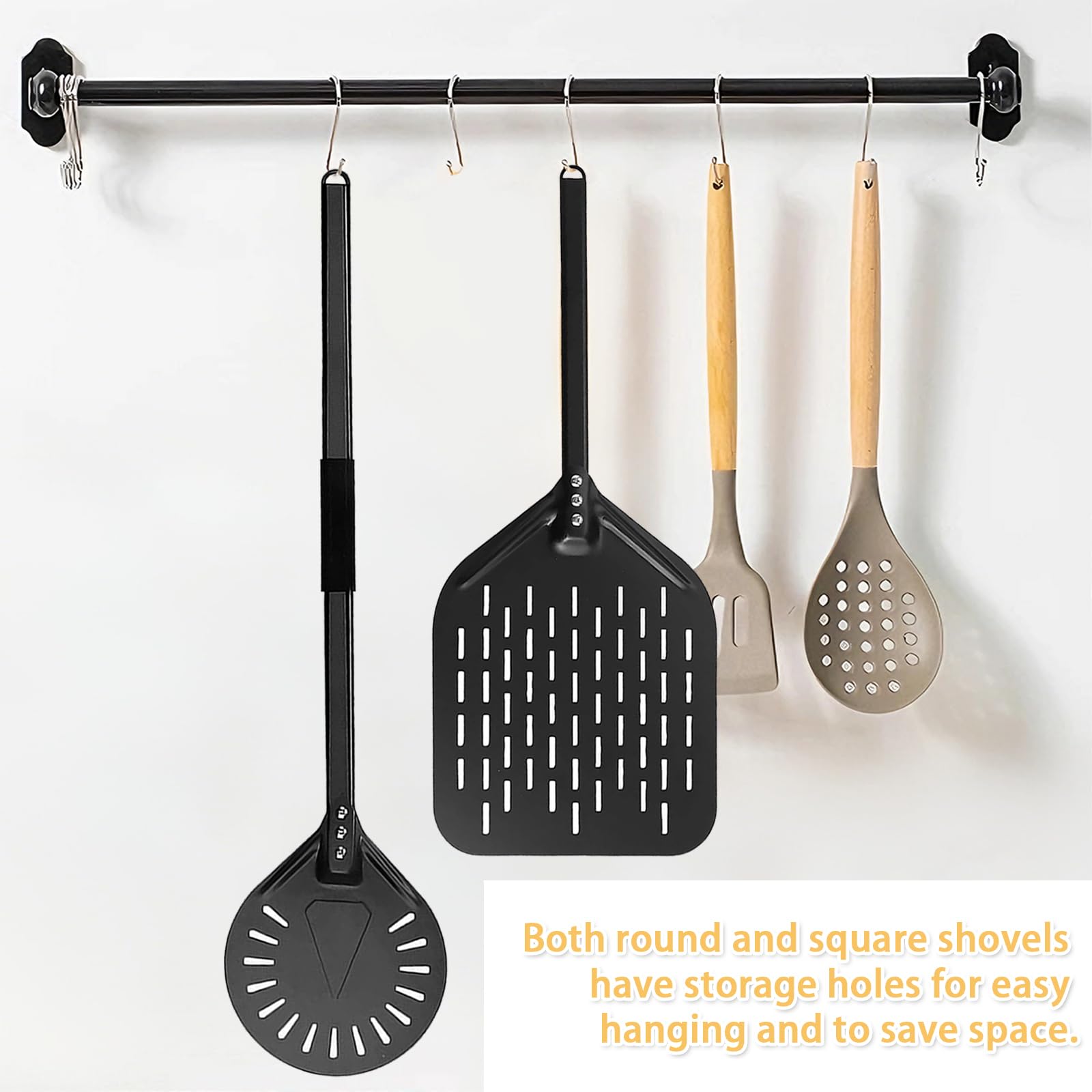 Set Pelle e Spatola per Pizza, 12 Pollici Rotonda (Manico 80 cm) + 8 Pollici Quadrata (Manico 40 cm), con Foro per Stoccaggio e Manico Antiscivolo, Ideale per Pizza e Pane