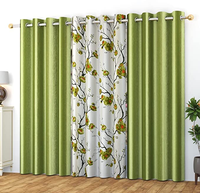 HOME UTSAV Premium 3 Piece Combination Rose Floral and Solid Curtains for Window 5 Feet, Light Green-image-11