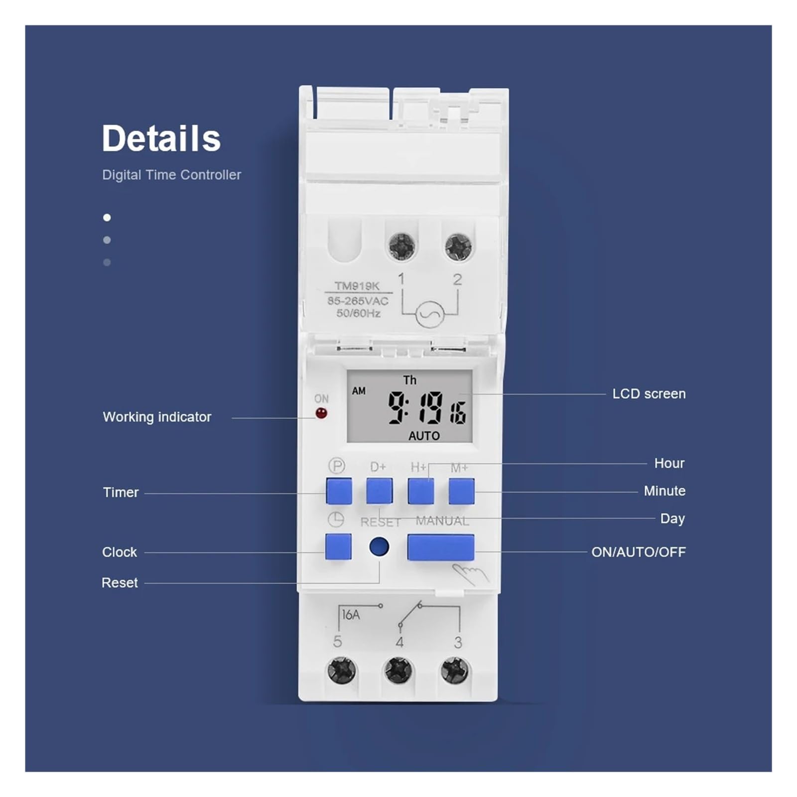Temporizador Relé Temporizador Control AC 220V 16A Montaje en riel DIN(85-265V AC)