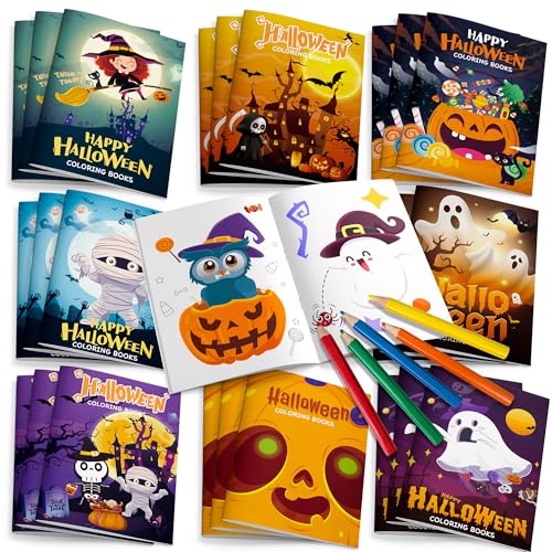 Livre de Coloriage Halloween,Lot de 36 Livres de Coloriage d'Halloween Inclure 24 Mini-Livres de Coloriage Avec 12 Crayons de Couleur pour Décorations de Fête d'Halloween