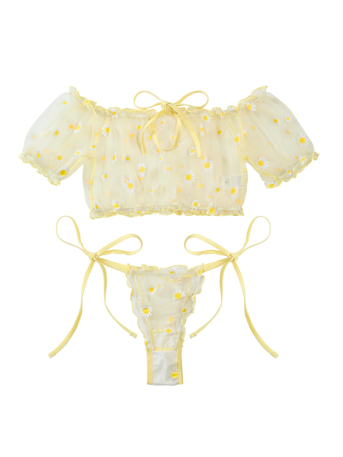 Lilosy Sexy Stretch Ruffle Tie Sheer Mesh Lingerie Set Outfits: Small Flower Yellow