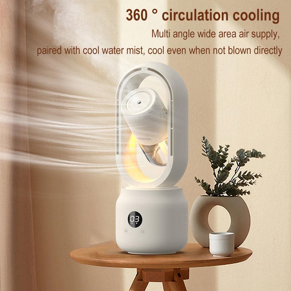 Ventilatore senza pale, condizionatore d'aria ricaricabile 3 in 1, ventilatore portatile, ventilatore da tavolo, display a LED con circolazione a 360° con luce notturna, ventilatore raffreddatore d'ar