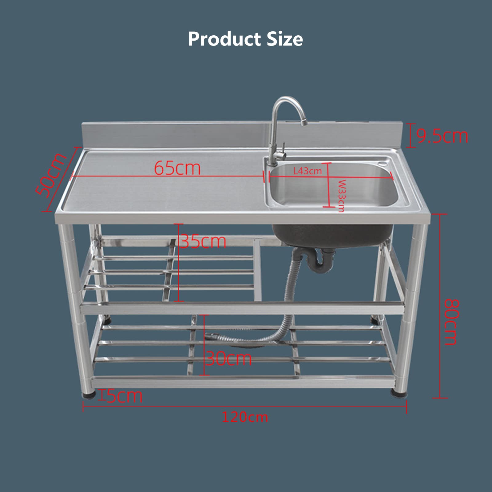Lavandino a una vasca in acciaio inox, lavello di servizio a libera installazione, lavello da cucina per ristoranti commerciali, con banco di lavoro e ripiani di stoccaggio(120cm/47in,右)
