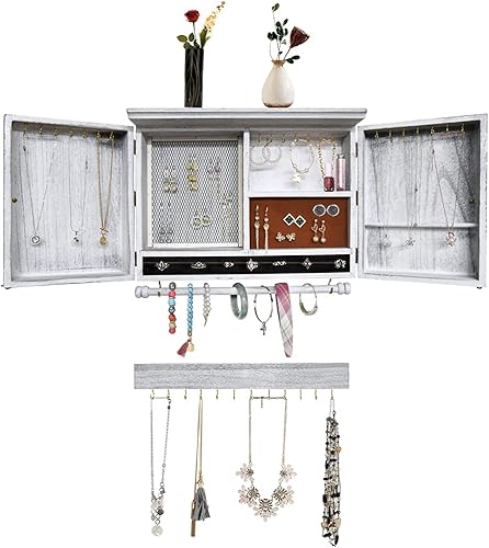 Organizador de joyas rústico montado en la pared con decoración de madera de granero, soporte de pared de madera, soporte de joyería para collares,