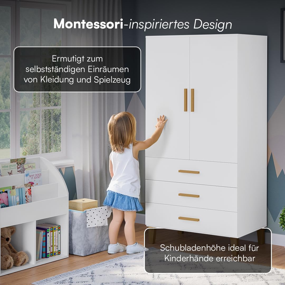 Bellabino Liri Kinderkleiderschrank – Kleiderschrank Kinderzimmer 2-türig mit 3 Schubladen in Weiß/Natur – Babyzimmer Schrank für Mädchen & Jungen – 183 x 56 x 90 cm (HxTxB)