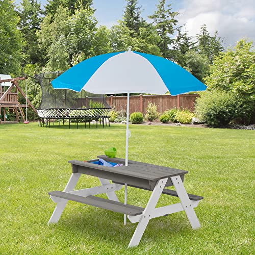 3-in-1 Kids Outdoor Wooden Picnic Table with Umbrella, Convertible Sand & Water, Gray ASTM & CPSIA Certification